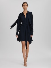 Reiss Navy Ellie Tie Neck Zip Front Mini Dress - Image 1 of 6