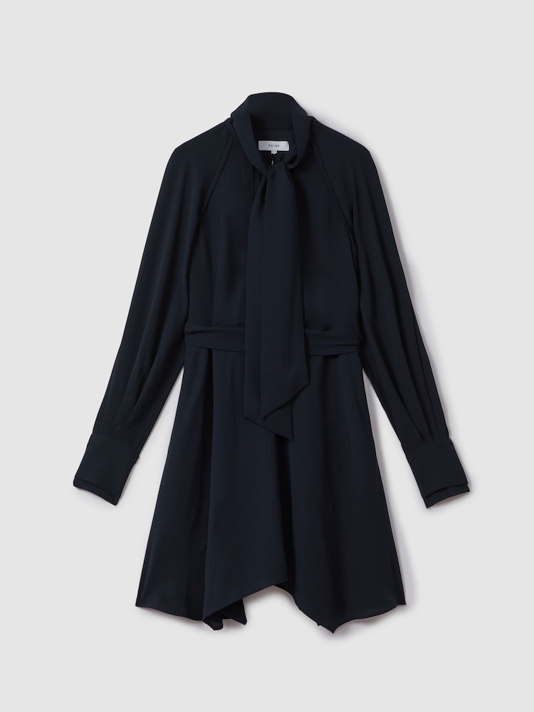 Reiss Navy Ellie Tie Neck Zip Front Mini Dress - Image 2 of 6