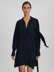 Reiss Navy Ellie Tie Neck Zip Front Mini Dress - Image 3 of 6