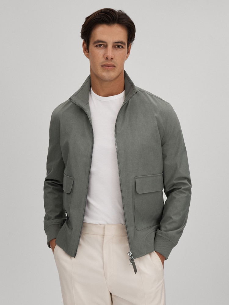 Reiss Green Rufus Funnel Neck Zip-Through Jacket - Image 1 of 6
