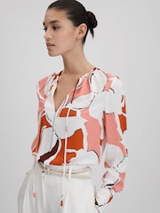 Reiss Cream/Red Tess Printed Tie Neck Blouse - Image 1 of 6