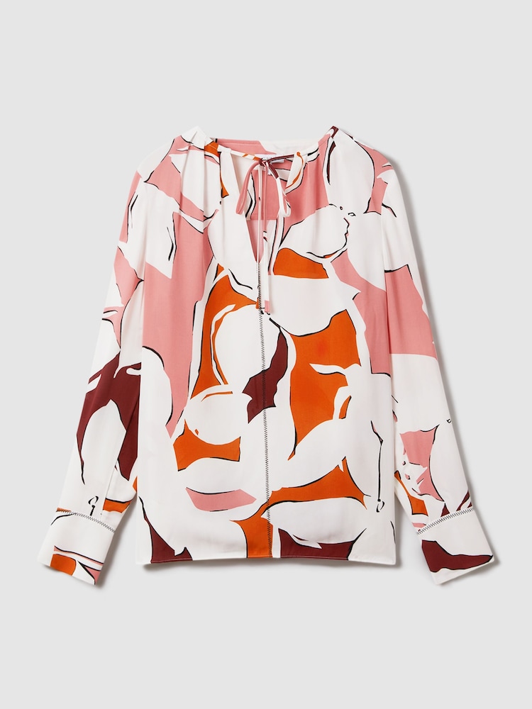 Reiss Cream/Red Tess Printed Tie Neck Blouse - Image 2 of 6