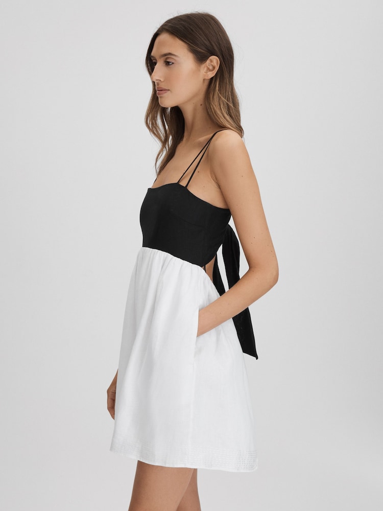 Reiss Black/White Hadley Linen Colourblock Mini Dress - Image 1 of 6