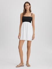 Reiss Black/White Hadley Linen Colourblock Mini Dress - Image 3 of 6