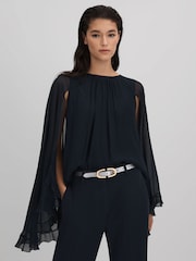 Reiss Navy Francesca Pleated Cape Style Top - Image 1 of 6