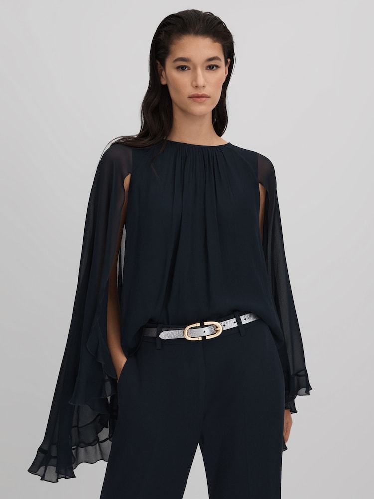 Reiss Navy Francesca Pleated Cape Style Top - Image 1 of 6