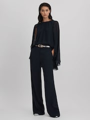 Reiss Navy Francesca Pleated Cape Style Top - Image 3 of 6