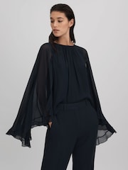 Reiss Navy Francesca Pleated Cape Style Top - Image 4 of 6