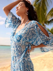 Lipsy Blue White Printed V Neck Split Detail Cover Up - Image 3 of 4