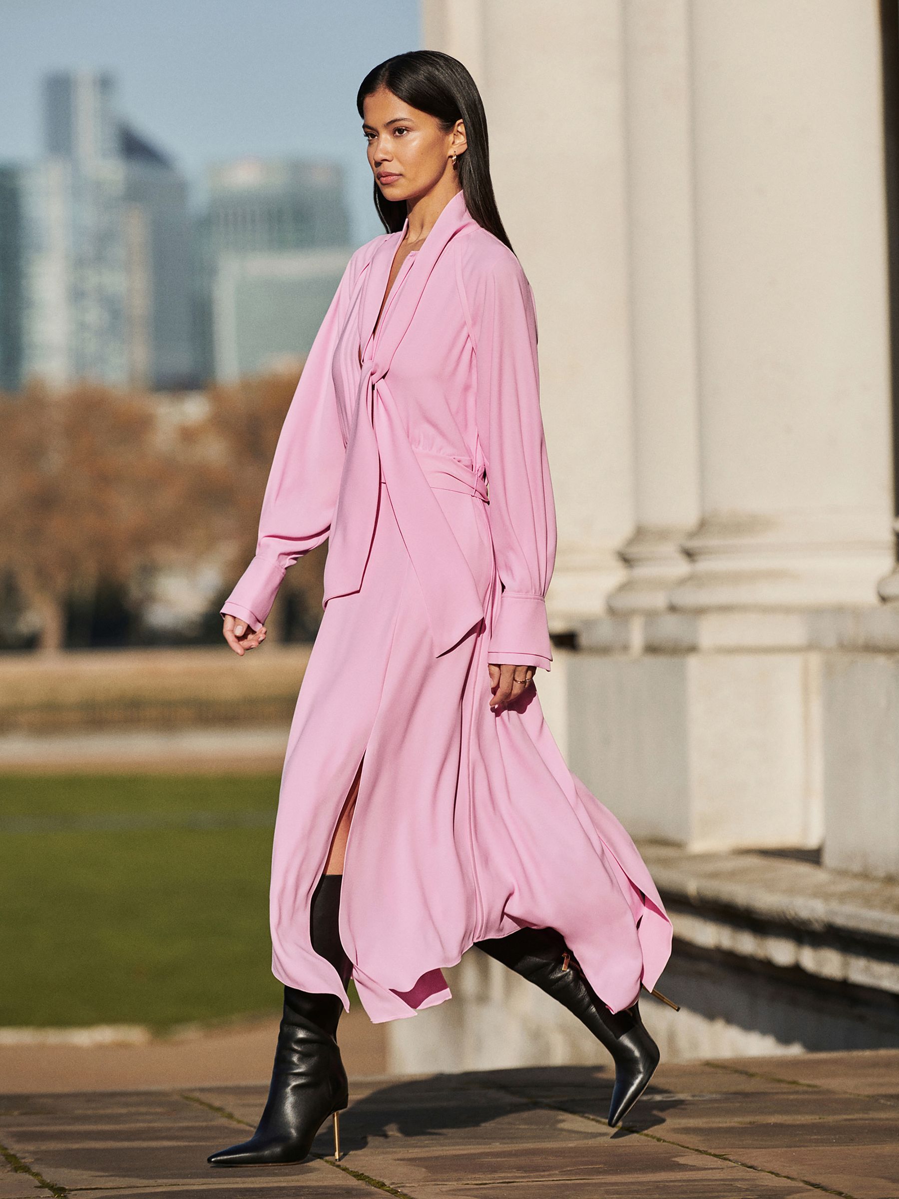Buy Reiss Pink Erica Tie Neck Zip Front Midi Dress from Next Luxembourg