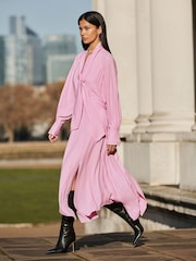 Reiss Pink Erica Tie Neck Zip Front Midi Dress - Image 6 of 7