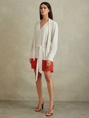 Reiss Cream/Red Marta Tie Neck Shift Dress - Image 3 of 6