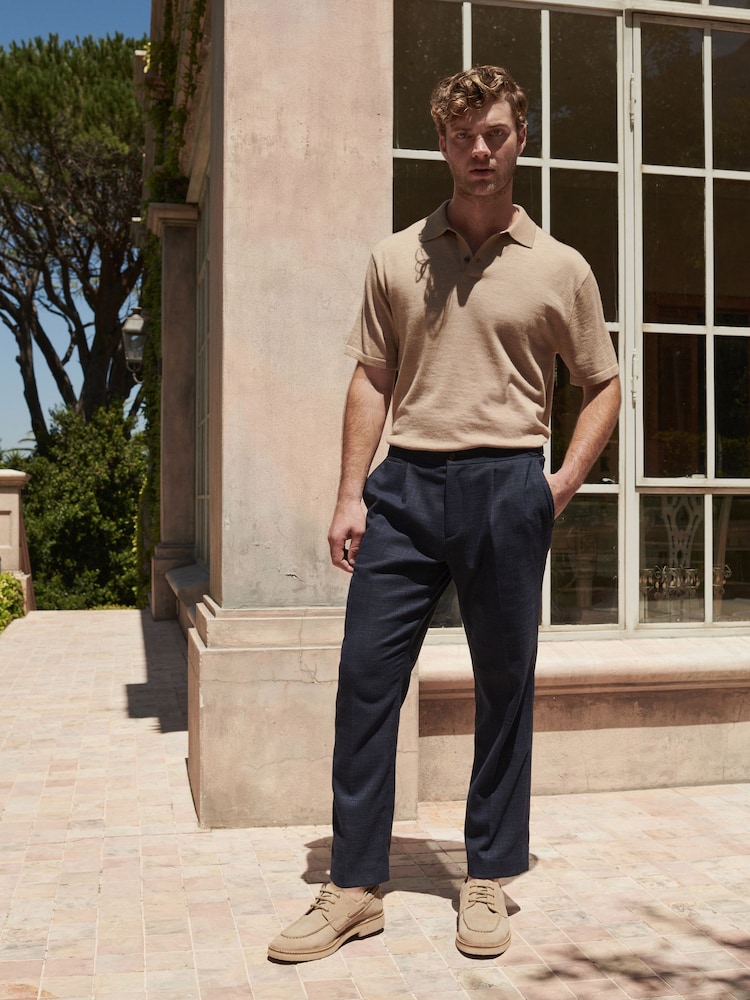 Navy Blue Regular Fit Textured Side Adjuster Trousers - Image 1 of 10