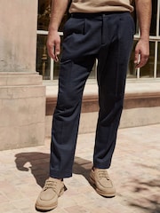 Navy Blue Regular Fit Textured Side Adjuster Trousers - Image 2 of 10