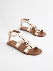 Gold Leather Ring Detail Sandals - Image 4 of 8
