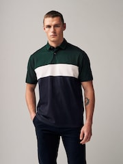 Green/Navy 100% Cotton Short Sleeve Button Up Block Polo Shirt - Image 3 of 5