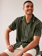 Olive Green Cuban Collar Textured Jersey Short Sleeve 100% Cotton Shirt - Image 1 of 7