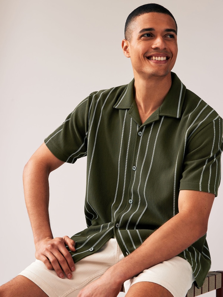 Olive Green Cuban Collar Textured Jersey Short Sleeve 100% Cotton Shirt - Image 1 of 7