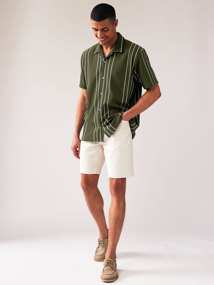 Olive Green Cuban Collar Textured Jersey Short Sleeve 100% Cotton Shirt - Image 2 of 7
