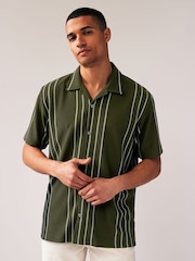 Olive Green Cuban Collar Textured Jersey Short Sleeve 100% Cotton Shirt - Image 3 of 7