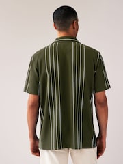Olive Green Cuban Collar Textured Jersey Short Sleeve 100% Cotton Shirt - Image 4 of 7