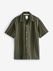 Olive Green Cuban Collar Textured Jersey Short Sleeve 100% Cotton Shirt - Image 6 of 7