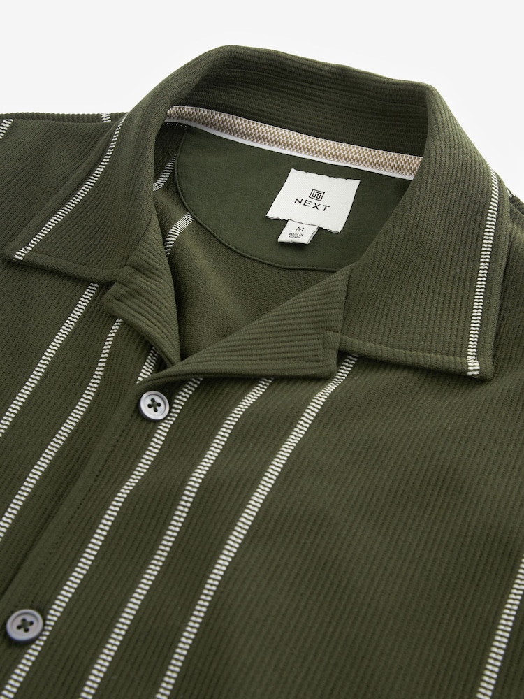 Olive Green Cuban Collar Textured Jersey Short Sleeve 100% Cotton Shirt - Image 7 of 7