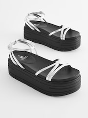Silver Extra Wide Fit Chunky Strappy Flatform Sandals - Image 1 of 6