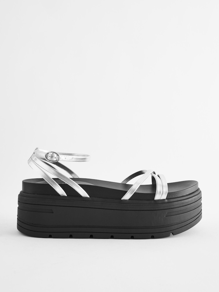 Silver Extra Wide Fit Chunky Strappy Flatform Sandals - Image 2 of 6