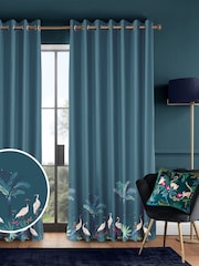 Sara Miller Teal Green Heron Border Made to Measure 100% Cotton Curtains - Image 1 of 9
