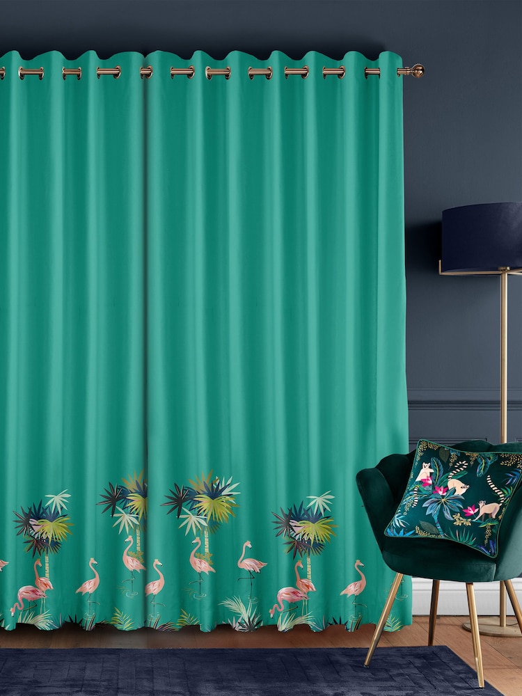 Sara Miller Green Flamingo Border Made to Measure 100% Cotton Curtains - Image 2 of 9