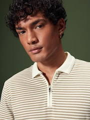 Neutral/White Horizontal Stripe Polo Shirt - Image 4 of 8