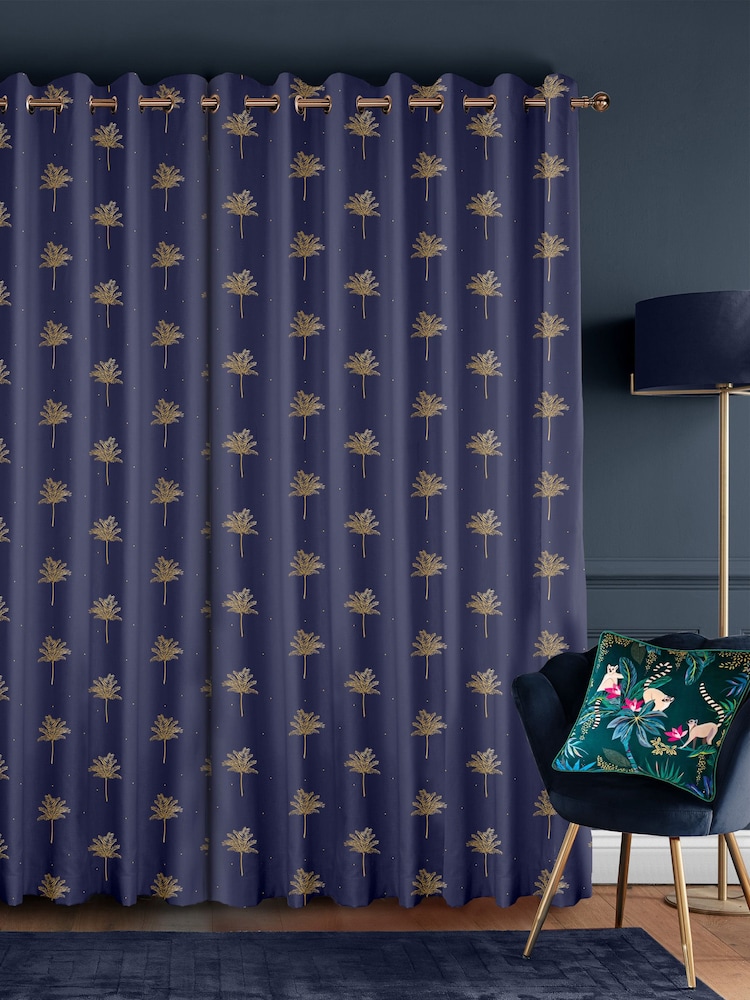 Sara Miller Navy Blue Small Palm Made to Measure Curtains - Image 2 of 9