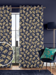Sara Miller Deep Navy Blue Etched Leaves Made to Measure 100% Cotton Curtains - Image 1 of 9