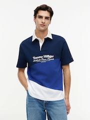 Tommy Hilfiger Blue Relaxed Fit Back Logo Colour-Blocked Polo Shirt - Image 1 of 5