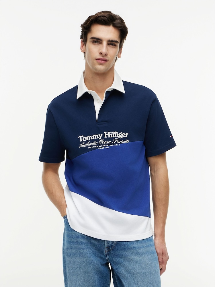 Tommy Hilfiger Blue Relaxed Fit Back Logo Colour-Blocked Polo Shirt - Image 1 of 5
