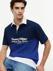 Tommy Hilfiger Blue Relaxed Fit Back Logo Colour-Blocked Polo Shirt - Image 4 of 5