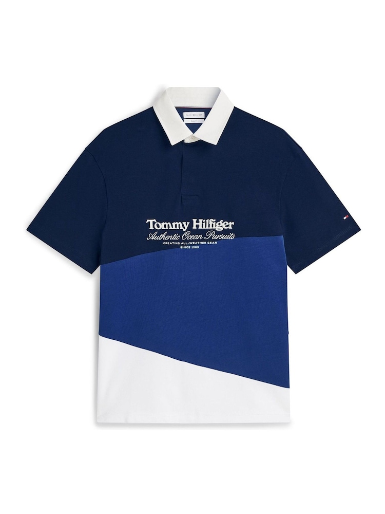 Tommy Hilfiger Blue Relaxed Fit Back Logo Colour-Blocked Polo Shirt - Image 5 of 5