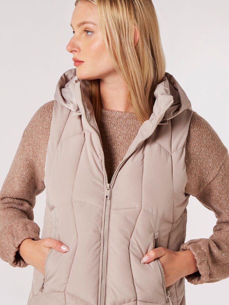 Apricot Grey Geometric Longline Hooded Puffer Gilet Laura Ashley