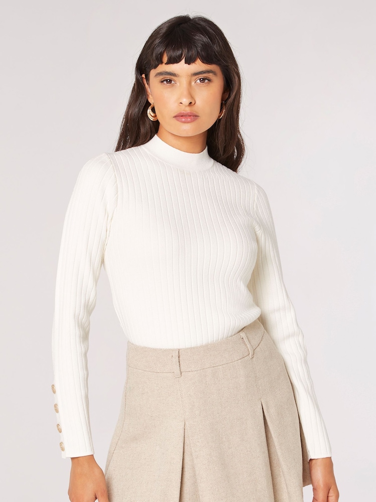 Apricot Cream Rib Crew Neck Button Jumper - Image 1 of 4