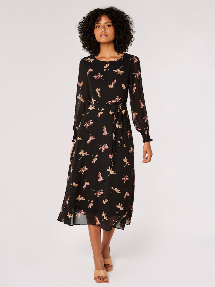 Apricot Black Single Watercolour Floral Midaxi Dress - Image 1 of 5