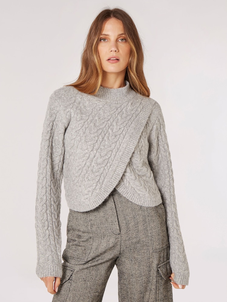 Apricot Grey Cable Knit Wrap Over Mock Neck Jumper - Image 2 of 5