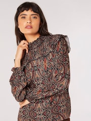 Apricot Black Paisley Long Sleeve Ruffle Top - Image 1 of 5
