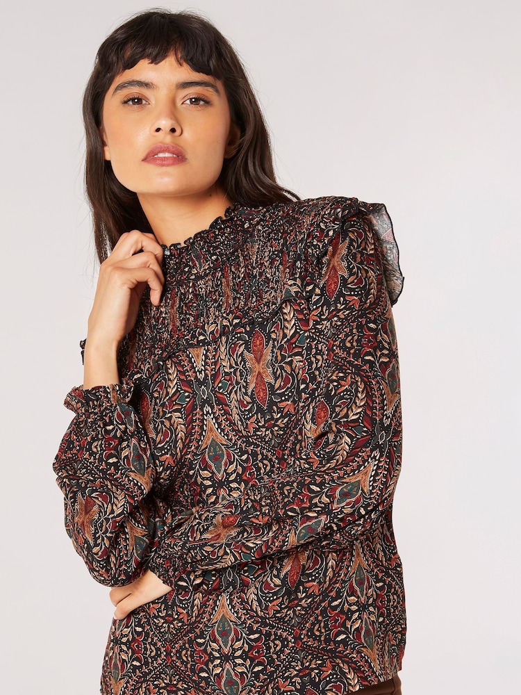 Apricot Black Paisley Long Sleeve Ruffle Top - Image 1 of 5
