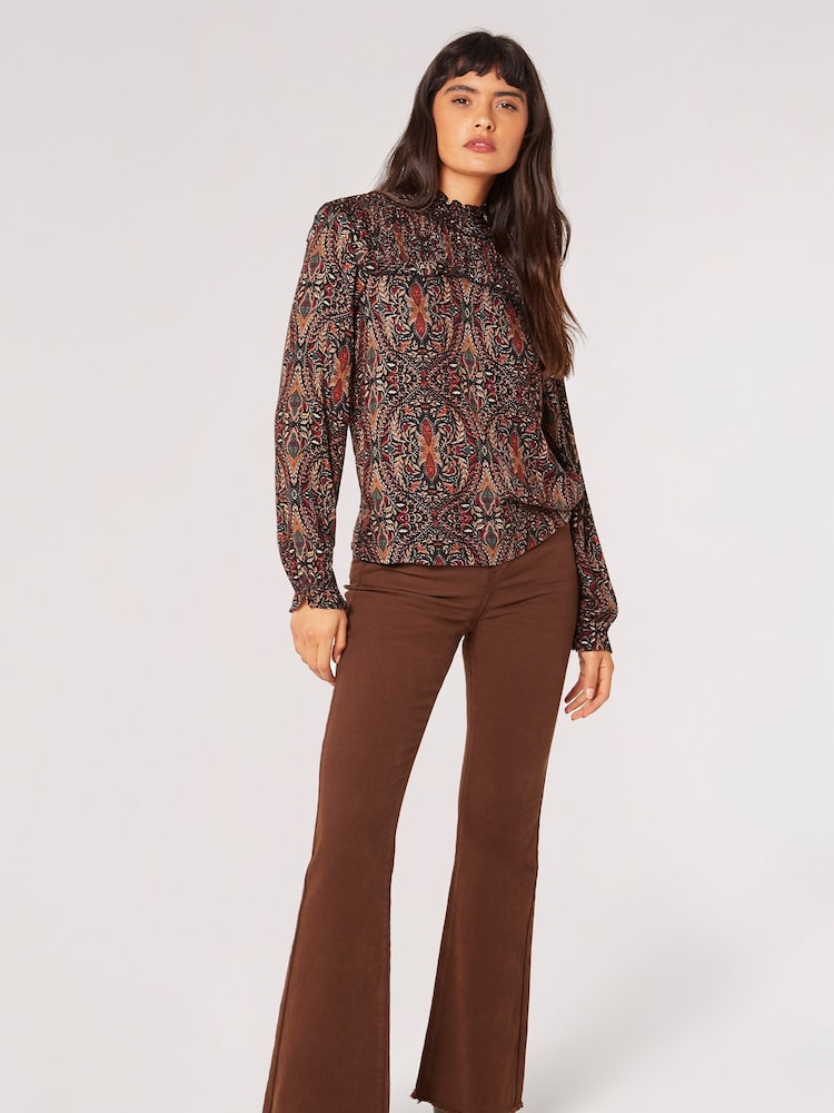 Apricot Black Paisley Long Sleeve Ruffle Top - Image 2 of 5