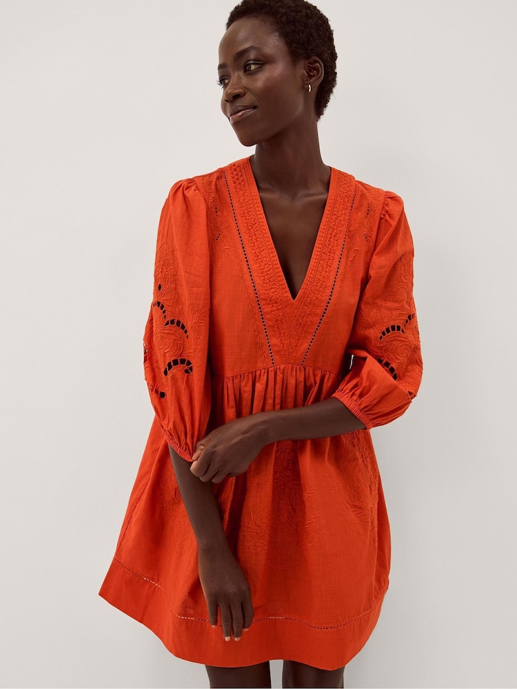 Monsoon Orange Noelle Embroidered Mini Dress - Image 2 of 5