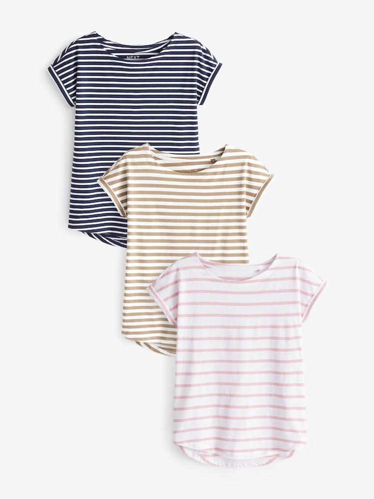 Stripe Cap Sleeve 100% Cotton T-Shirts 3 Pack - Image 1 of 10