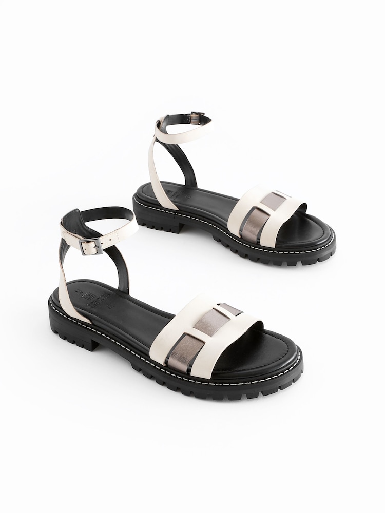 White/Silver Extra Wide Fit Forever Comfort® Leather Cleated Sandals - Image 1 of 3