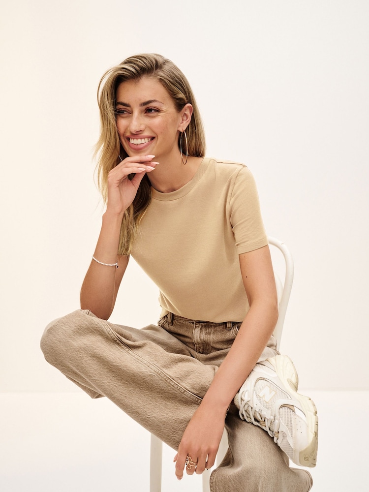 Caramel Brown Soft Touch Ribbed Short Sleeve T-Shirt with TENCEL™ Lyocell - Image 2 of 4
