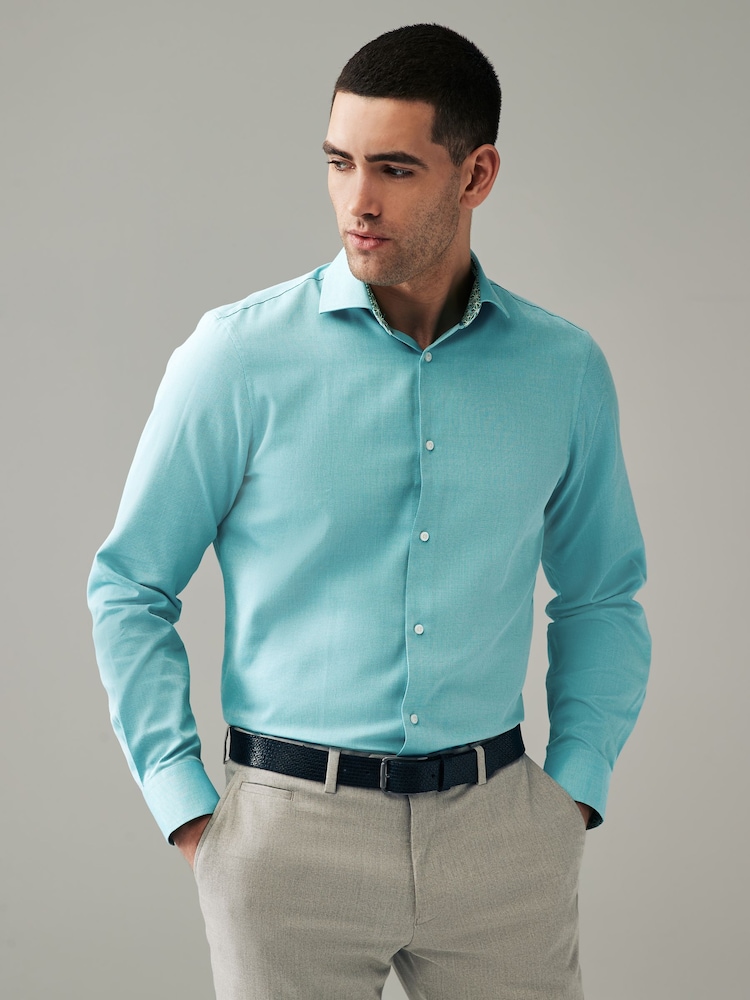 Aqua Blue Trimmed Easy Care Single Cuff Shirt - Image 1 of 9